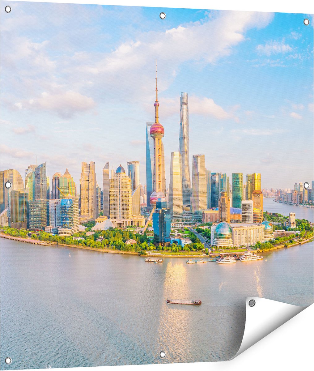 Gards Tuinposter Skyline Shanghai Stad in China - 90x90 cm - Tuindoek - Tuindecoratie - Wanddecoratie buiten - Tuinschilderij Multikleur