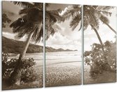 Glasschilderij Zee, Strand - Sepia - 120x80cm 3Luik - Foto Op Glas - Geen Acrylglas Schilderij - GroepArt 6000+ Glas Art Collectie - Maatwerk Mogelijk