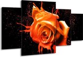 GroepArt - Schilderij -  Roos - Oranje, Zwart - 160x90cm 4Luik - Schilderij Op Canvas - Foto Op Canvas