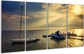 GroepArt - Glasschilderij - Boot - Geel, Grijs, Wit - 160x80cm 4Luik - Foto Op Glas - Geen Acrylglas Schilderij - 6000+ Glasschilderijen Collectie - Wanddecoratie