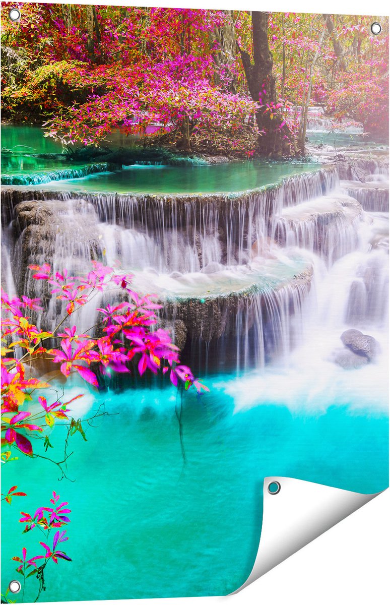 Gards Tuinposter Waterval in de Herfst met Kleurrijke Bloemen - 60x80 cm - Tuindoek - Tuindecoratie - Wanddecoratie buiten - Tuinschilderij Multikleur