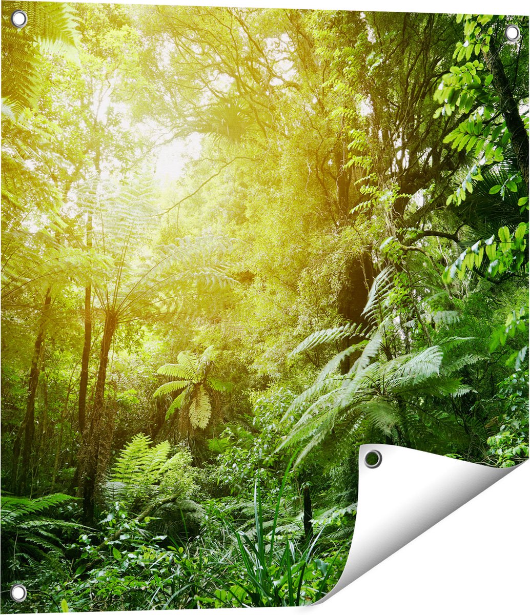 Gards Tuinposter Tropische Jungle met Zonneschijn - 60x60 cm - Tuindoek - Tuindecoratie - Wanddecoratie buiten - Tuinschilderij Multikleur