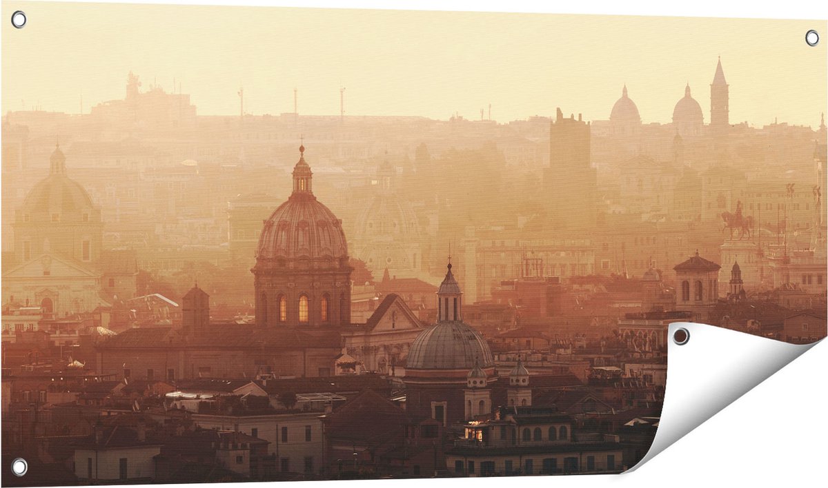 Gards Tuinposter Rome Stad bij Zonsopgang - 100x50 cm - Tuindoek - Tuindecoratie - Wanddecoratie buiten - Tuinschilderij Multikleur
