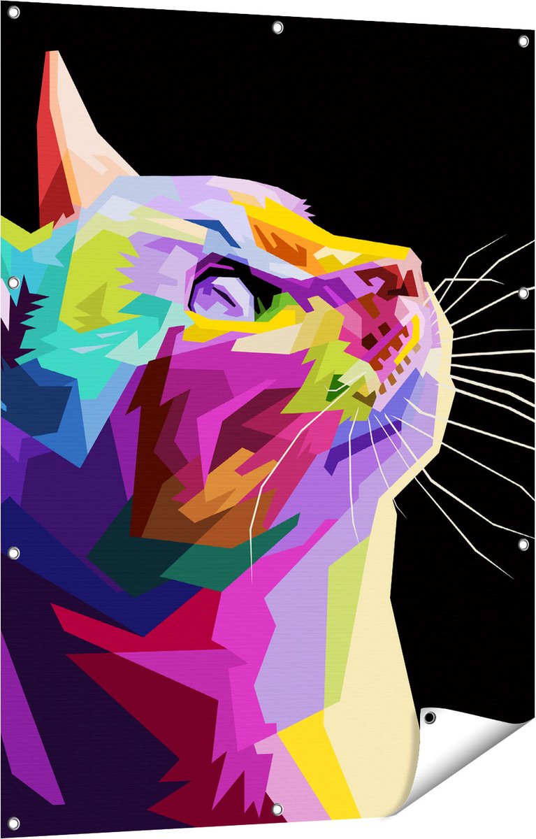 Gards Tuinposter Kleurrijke Kat Kijkt naar Boven - Abstract - 90x120 cm - Tuindoek - Tuindecoratie - Wanddecoratie buiten - Tuinschilderij Multikleur