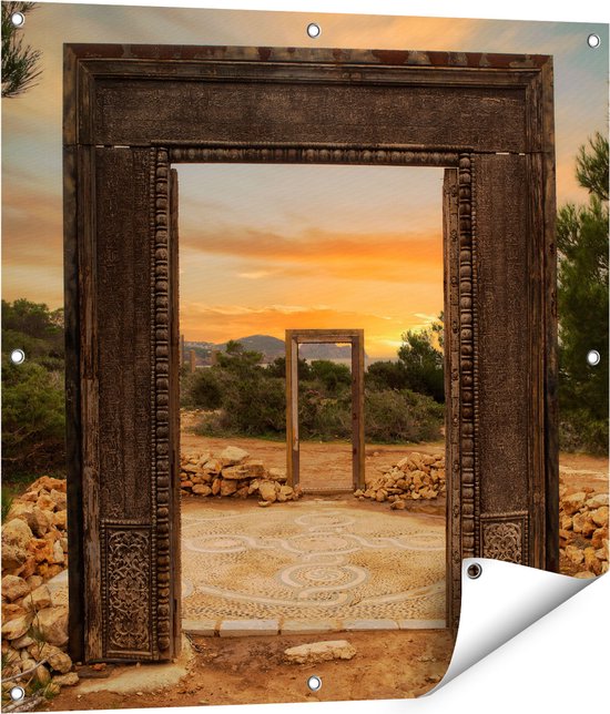 Foto: Gards tuinposter cale llentia deur opening in ibiza 80x80 cm tuindoek tuindecoratie wanddecoratie buiten tuinschilderij