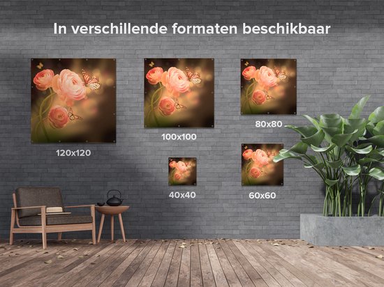 Gards Affiche de jardin Deux Papillons Roses avec Roses Roses - 80x80 cm - Toile jardin - Décoration de jardin - Décoration murale extérieur - Tableau jardin