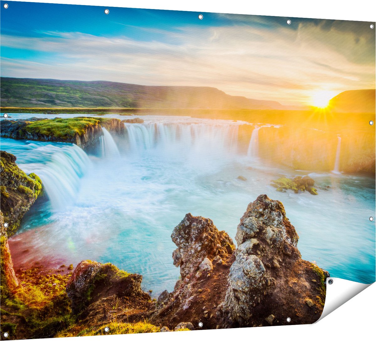 Gards Tuinposter Watervallen bij Zonsondergang - 160x120 cm - Tuindoek - Tuindecoratie - Wanddecoratie buiten - Tuinschilderij Multikleur