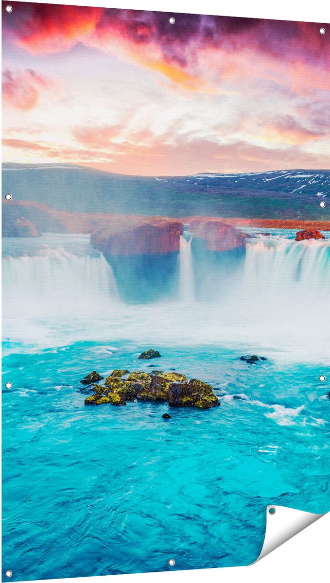 Gards Tuinposter Watervallen op het Blauwe Water in IJsland - 100x150 cm - Tuindoek - Tuindecoratie - Wanddecoratie buiten - Tuinschilderij Multikleur