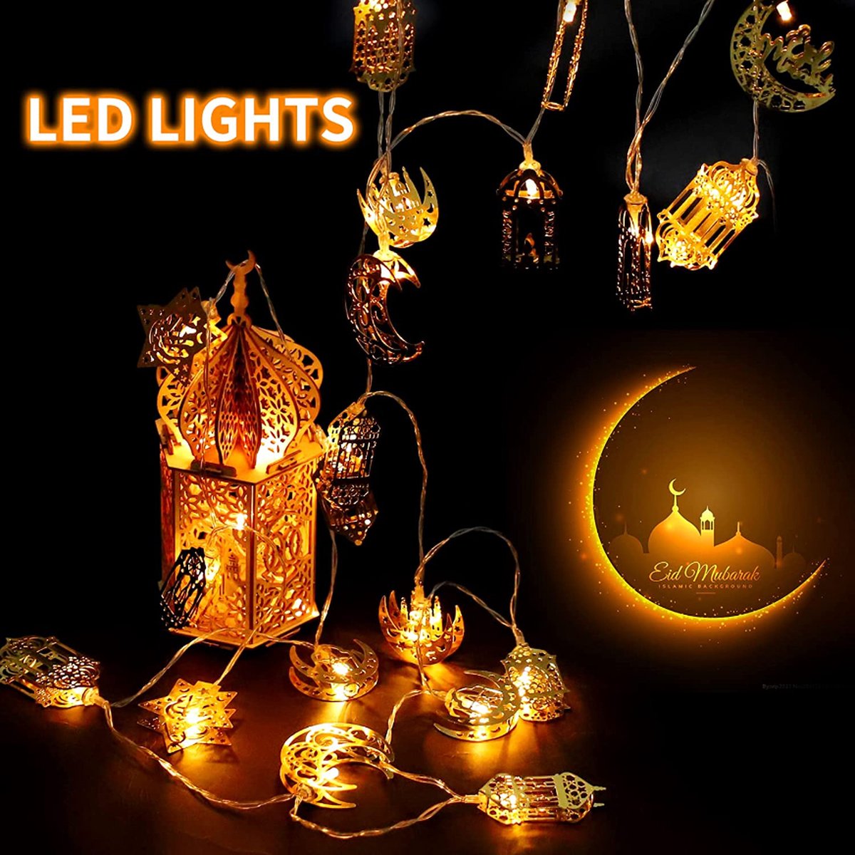 Guirlande lumineuse à LED Musulman Ramadan - Guirlande lumineuse à cinq  branches - Décoration principale pour festival, fête.or, une pièce，Irisfr