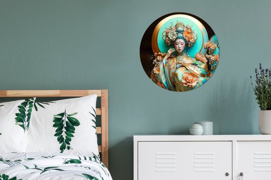 WallCircle - Wall Circle - Wall Circle Indoor - Femme - Kimono - Fleurs - Goud - Portrait - 60x60 cm - Décoration murale - Peintures Ronds