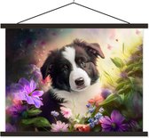 Posterhanger incl. Poster - Schoolplaat - Puppy - Zon - Bloemen - Natuur - Bordercollie - Hond - 150x113 cm - Blanke latten