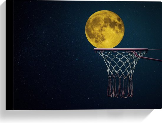 Canvas - Maan met Gele Gloed in Basketbal Net - 40x30 cm Foto op Canvas Schilderij (Wanddecoratie op Canvas)
