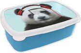 Broodtrommel Blauw - Lunchbox - Brooddoos - Panda - Koptelefoon - Dier - Muzieknoten - Rood - 18x12x6 cm - Kinderen - Jongen