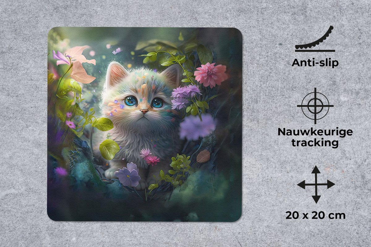 Muismat 20x20 cm - Mousepad Kitten - Bloemen - Bos - Illustratie - Poes - Muismatten