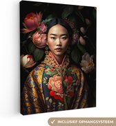 Canvas Schilderij Vrouw - Asian - Kimono - Bloemen - Portret - 30x40 cm - Wanddecoratie