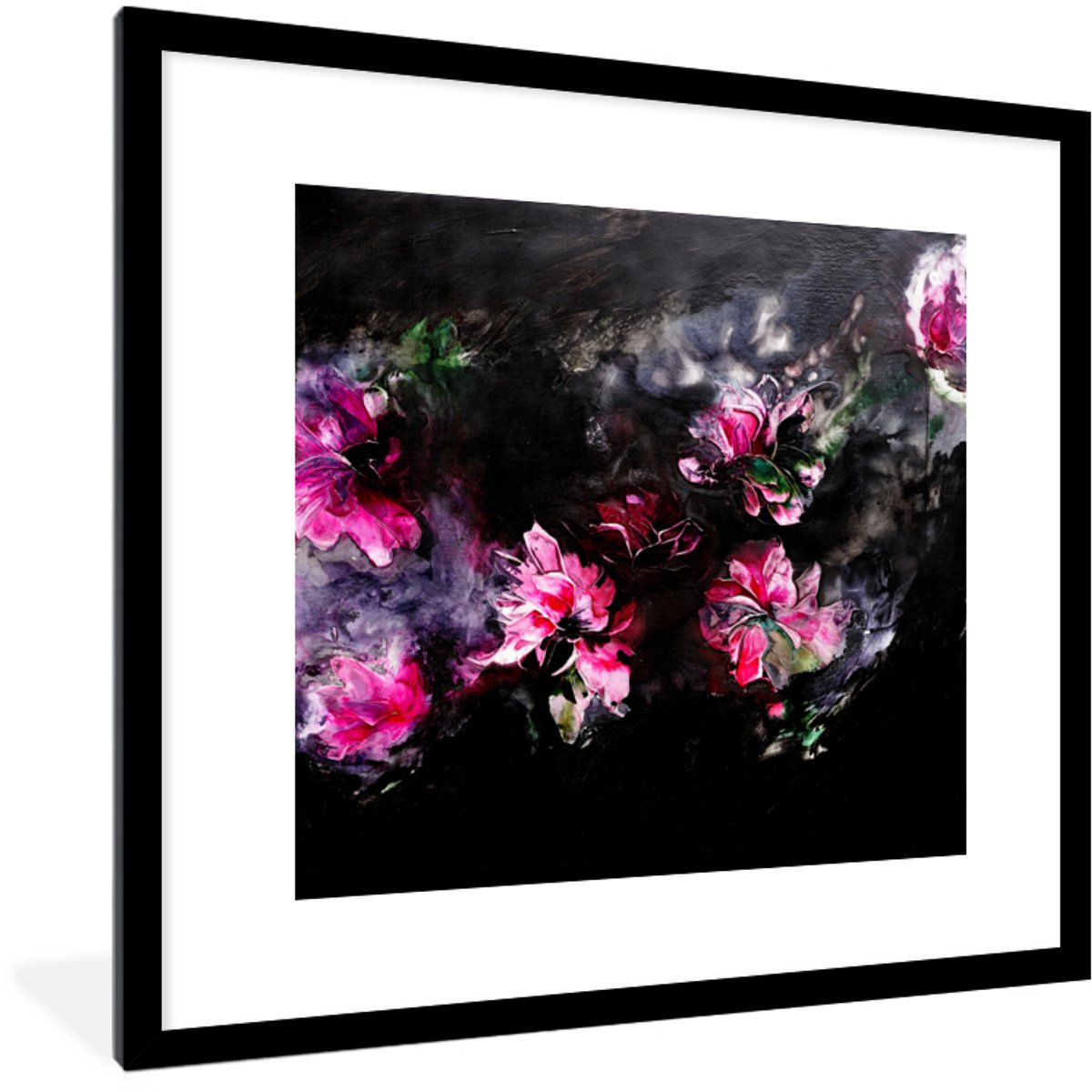 Fotolijst incl. Poster - Bloemen - Kunst - Verf - Roze - Zwart - 40x40 cm - Posterlijst