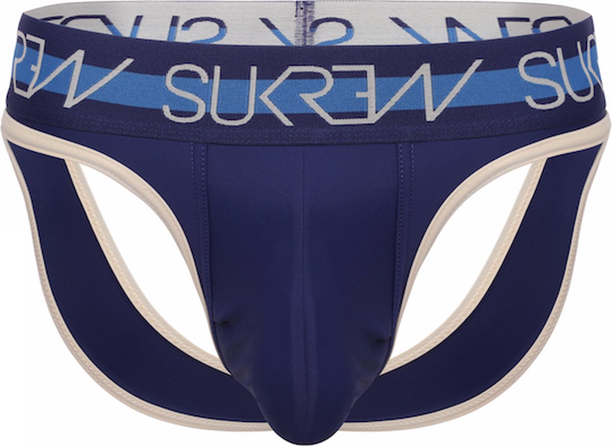 Sukrew Classic V-Thong Navy/Cream - Maat S - Sexy Heren Ondergoed - Erotische String voor mannen