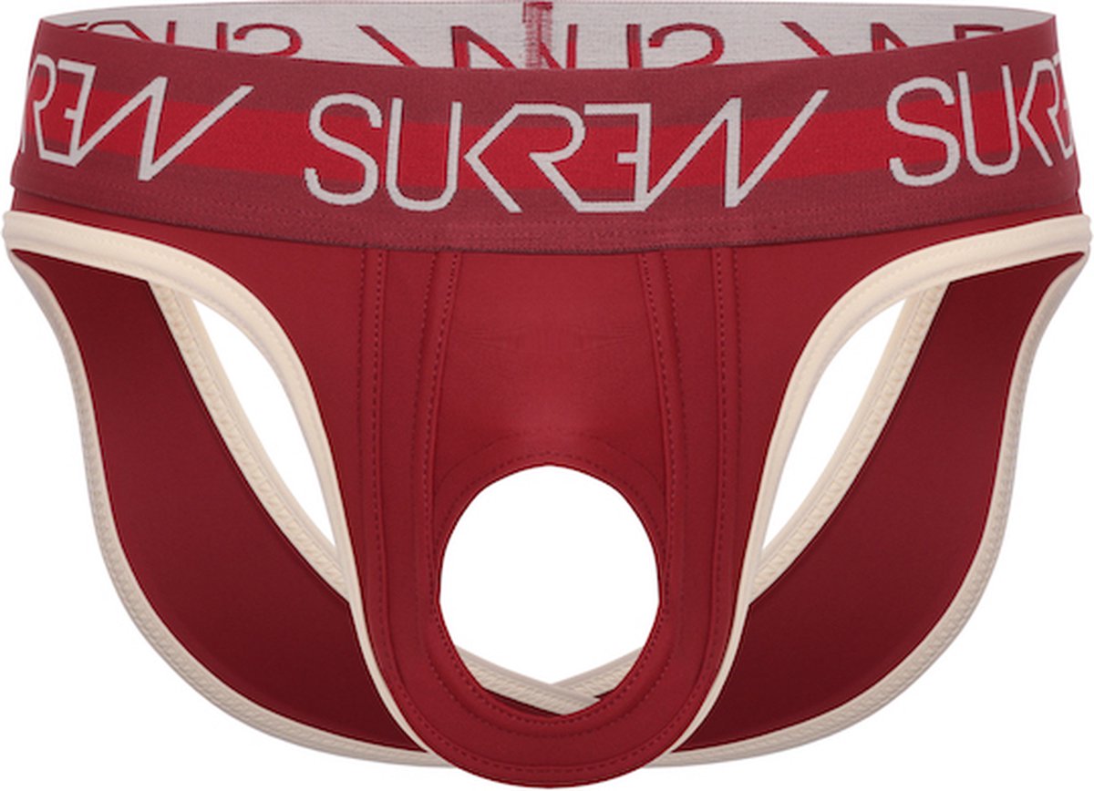 Goedkoopste Sukrew Classic U-Style V-Brief Burgundy/Cream - Maat S - Sexy Heren Ondergoed - Erotische Jockstrap met open voorkant