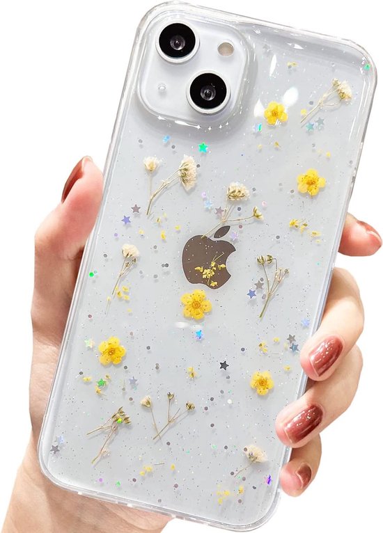 Pour iPhone 13 Coque Fleurs, Transparent Vraies Fleurs Séchées Coque de  Téléphone