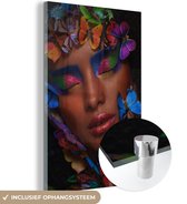 Glasschilderij vrouw - Make up - Vlinder - Regenboog - Portret - Foto op glas - Wanddecoratie glas - 80x120 cm - Schilderij glas - Woonkamer - Slaapkamer decoratie