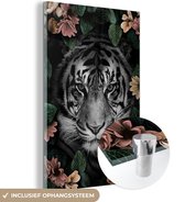 MuchoWow® Peinture sur verre 60x90 cm - Peinture sur verre acrylique - Tigre - Fleurs - Zwart - Wit - Photo sur verre - Peintures