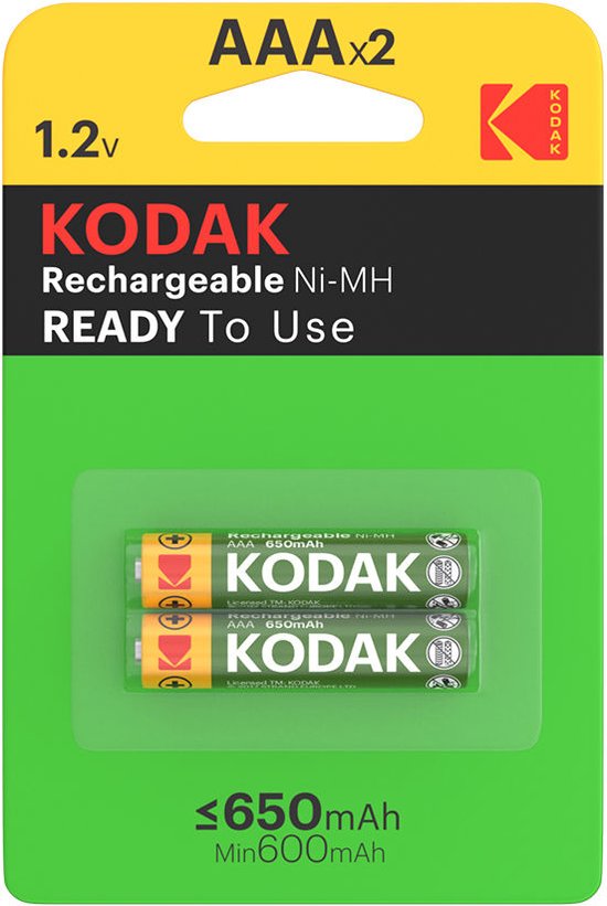 Twee AAA KODAK oplaadbare batterijen, groen met KODAK logo en 'Rechargeable Ni-MH AAA 650mAh' tekst.