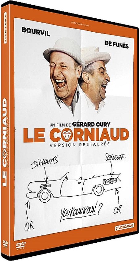 DVD-hoes van Le Corniaud met Bourvil en De Funès, een tekening van een auto met tekst.