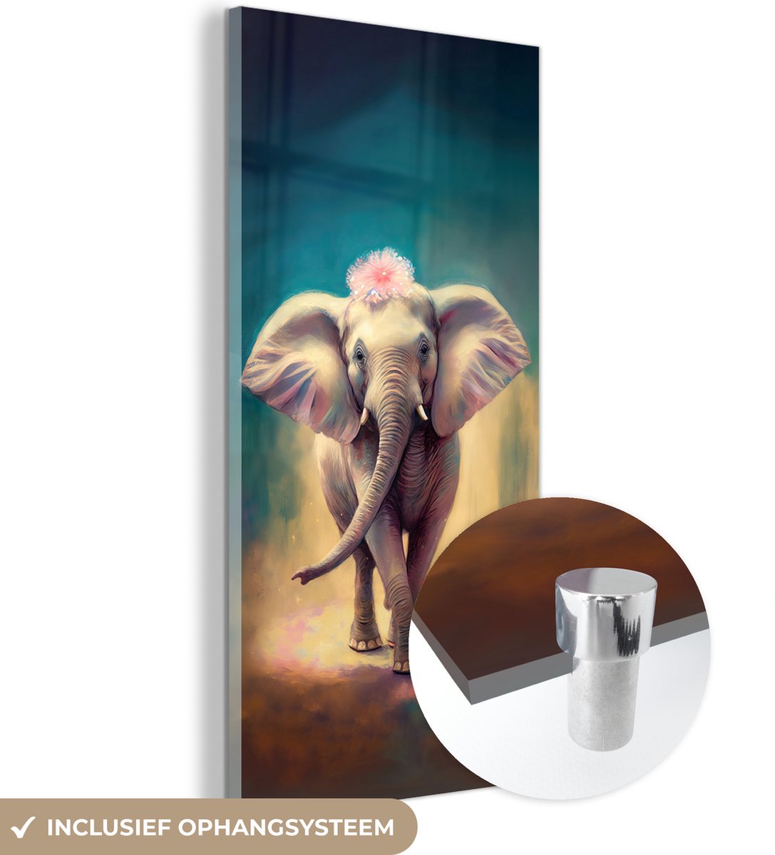 MuchoWow® Glasschilderij 20x40 cm - Schilderij acrylglas - Olifant - Dieren - Verf - Bloem