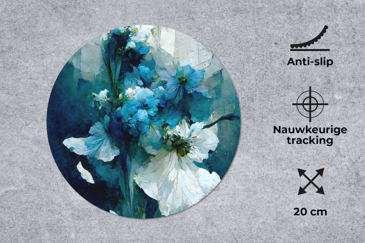 Muismat rond 20x20 cm - Mousepad Bloemen - Boeket - Verf - Blauw - Ronde muismatten
