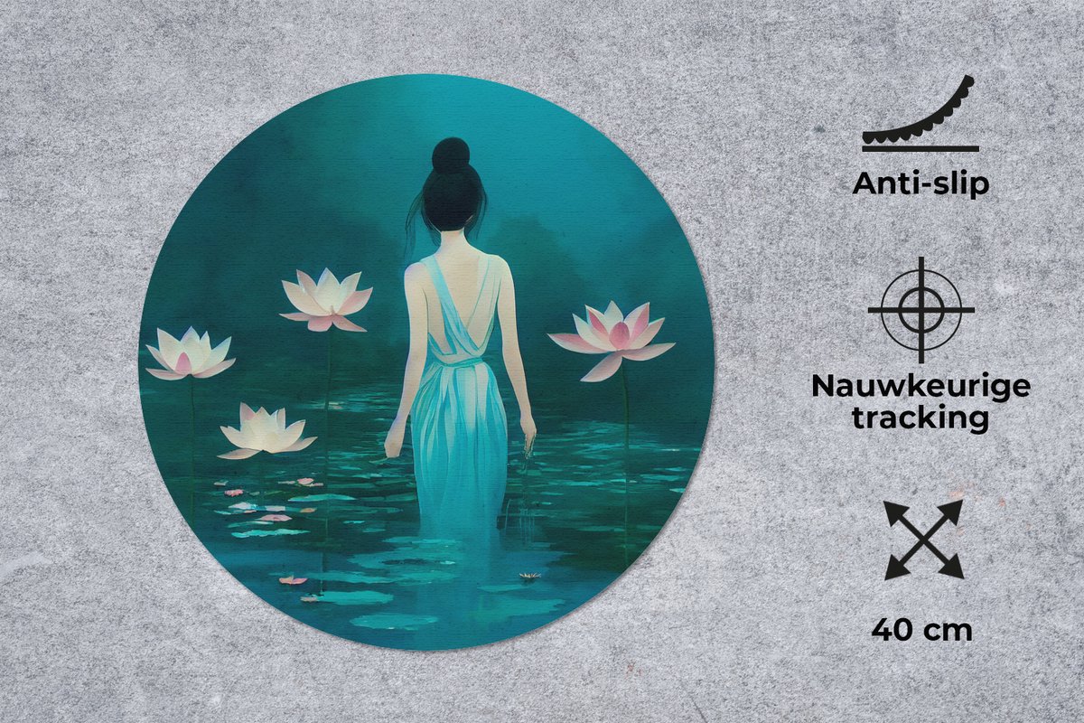 Muismat rond 40x40 cm - Mousepad Vrouw - Portret - Water - Bloemen - Lelie - Ronde muismatten