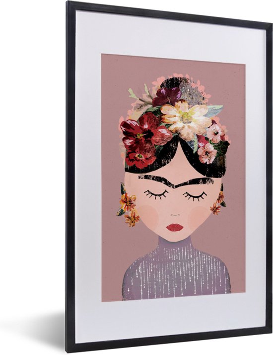Fotolijst incl. Poster - Pastel - Vrouw - Bloemen - Kunst - Frida Kahlo - 40x60 cm - Posterlijst