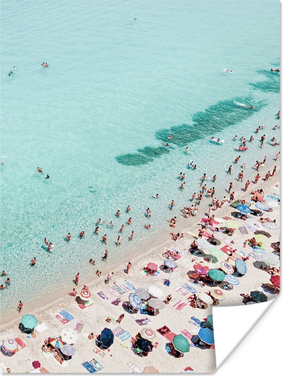 Poster Zee - Strand - Parasols - Blauw - Zomer - 90x120 cm