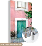 MuchoWow® Glasschilderij 80x120 cm - Schilderij acrylglas - Deur - Groen - Roze - Verf - Foto op glas - Schilderijen
