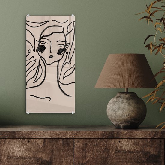 MuchoWow® Glasschilderij 20x40 cm - Schilderij acrylglas - Line art - Pastel - Zwart - Portret - Foto op glas - Schilderijen