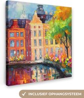 Canvas Schilderij Olieverf - Amsterdam - Kunst - Kleurrijk - 20x20 cm - Wanddecoratie