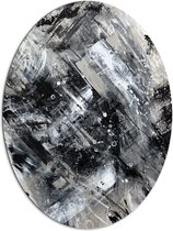 Dibond Ovaal - Abstracte Verfmix van Zwart en Wit Tinten - 81x108 cm Foto op Ovaal (Met Ophangsysteem)