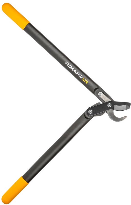 Fiskars L74 takkenschaar met handvatten geopend in een V-vorm.