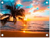 Tuinposter zonsondergang beach - Tuindecoratie strand met palmbomen - 40x30 cm - Tuinschilderij voor buiten - Tuindoek zee tropisch - Wanddecoratie tuin - Schuttingdoek - Balkon decoratie - Muurdecoratie - Buitenschilderij