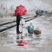 Schilderij -Handgeschilderd - Op het station - Multikleur -  100x100cm