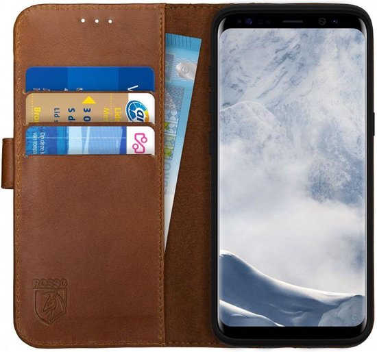 Rosso Deluxe Echt Leer Book Case Hoesje Geschikt voor Samsung Galaxy S8 | Ruimte voor drie pasjes | Portemonnee Book Case | Met Pasjeshouder | Bruin