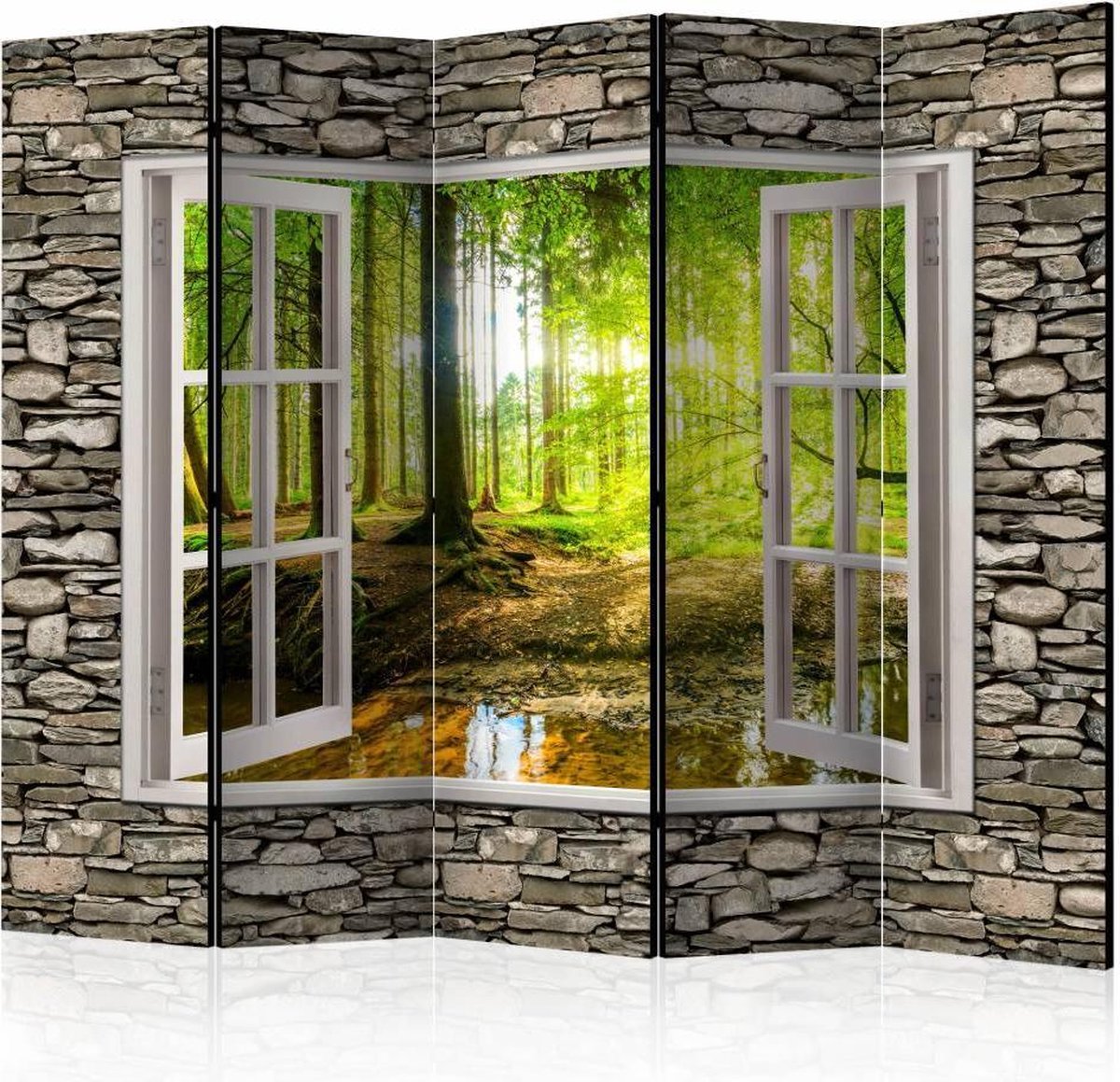 Vouwscherm - Uitzicht op bos 225x172cm , gemonteerd geleverd (kamerscherm) dubbelzijdig geprint
