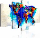 Schilderij - Wereldkaart- Gekleurde Wereld, Multi-gekleurd, 5luik , wanddecoratie , premium print op canvas