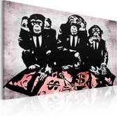 Schilderij - Banksy - Geld is een probleem , zwart wit roze , wanddecoratie , premium print op canvas