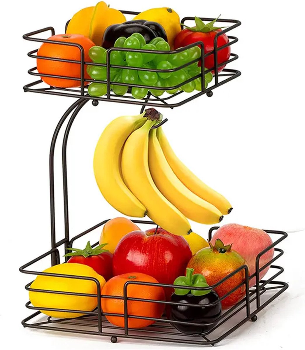 Q-Living Fruitmand - Vierkant - Metaal - 2 Laags - Bananenhouder - Etagère - Zwart