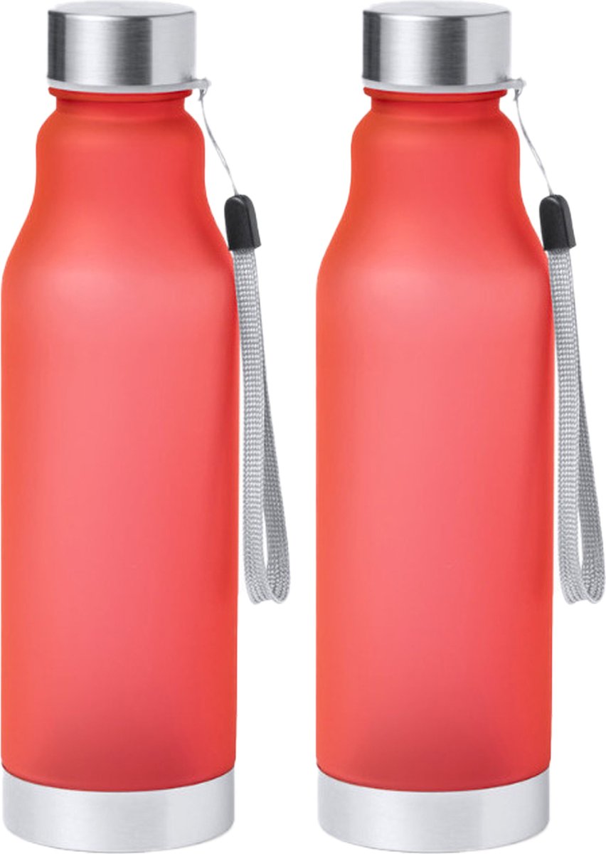 Waterfles/drinkfles/sportfles - 2x - rood - kunststof - rvs - 600 ml