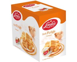 foto van Lonka Fudge Caramel snoep presentatiedoos - lekkernij bij koffie en thee - 240 per stuk verpakte fudge blokjes à 2,4 kg snoepgoed