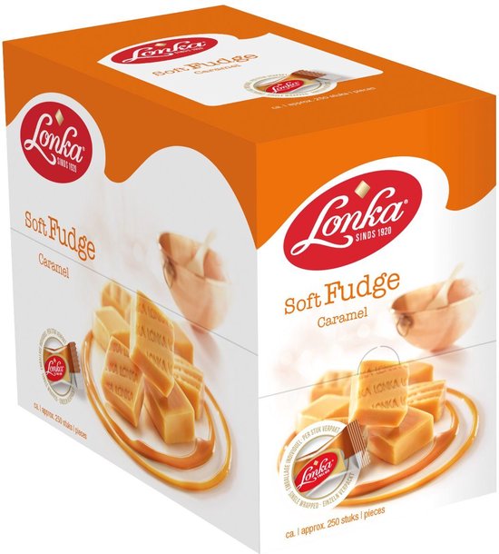 Foto: Lonka fudge caramel snoep presentatiedoos lekkernij bij koffie en thee 240 per stuk verpakte fudge blokjes 2 4 kg snoepgoed