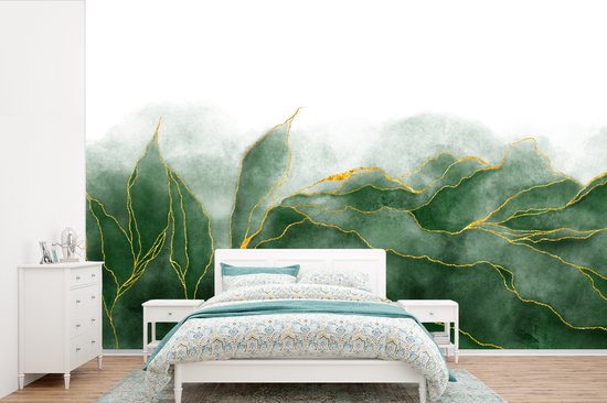 Behang - Fotobehang Marmer - Groen - Luxe - Goud - Marmerlook - Breedte 390 cm x hoogte 260 cm
