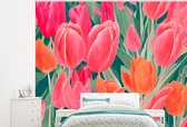 Behang - Fotobehang Tulpen - Bloemen - Roze - Rood - Kunst - Breedte 325 cm x hoogte 260 cm - Behangpapier