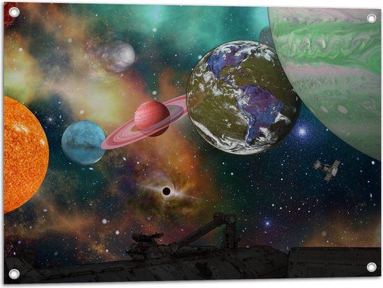 Tuinposter – Alle Planeten van het Universum vanaf Ruimteschip - 80x60 cm Foto op Tuinposter (wanddecoratie voor buiten en binnen)